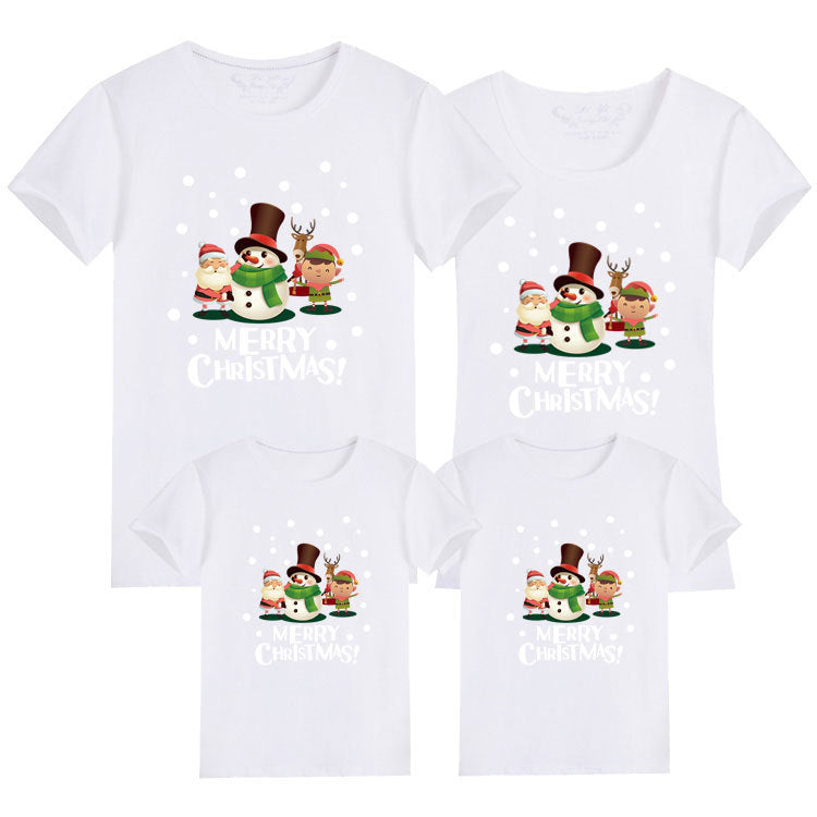 Fun and cheerful white Christmas t-shirts for families with snowman and Santa