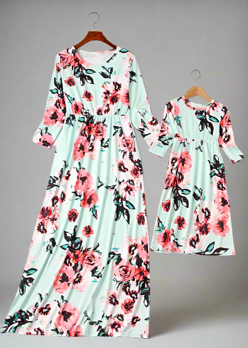 Mommy and me mint green floral maxi dresses, perfect for family events and twinning