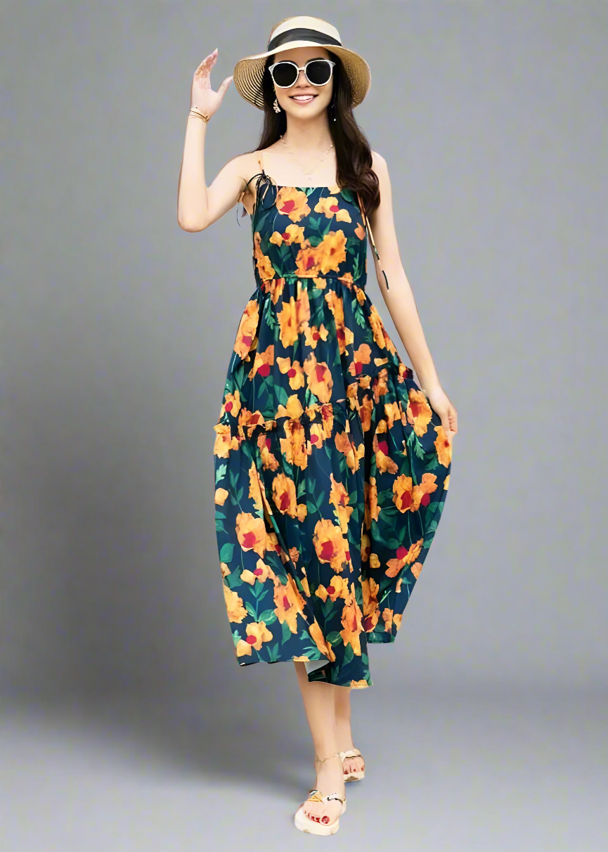 Mother and daughter matching floral print dresses for a beach vacation