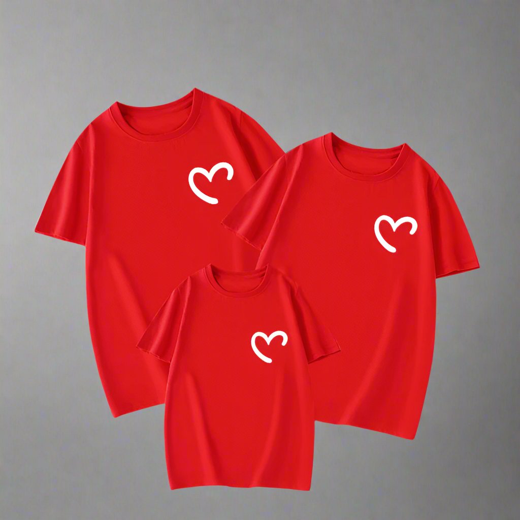 Cute minimalist heart family matching shirts in different colors for parents and kids