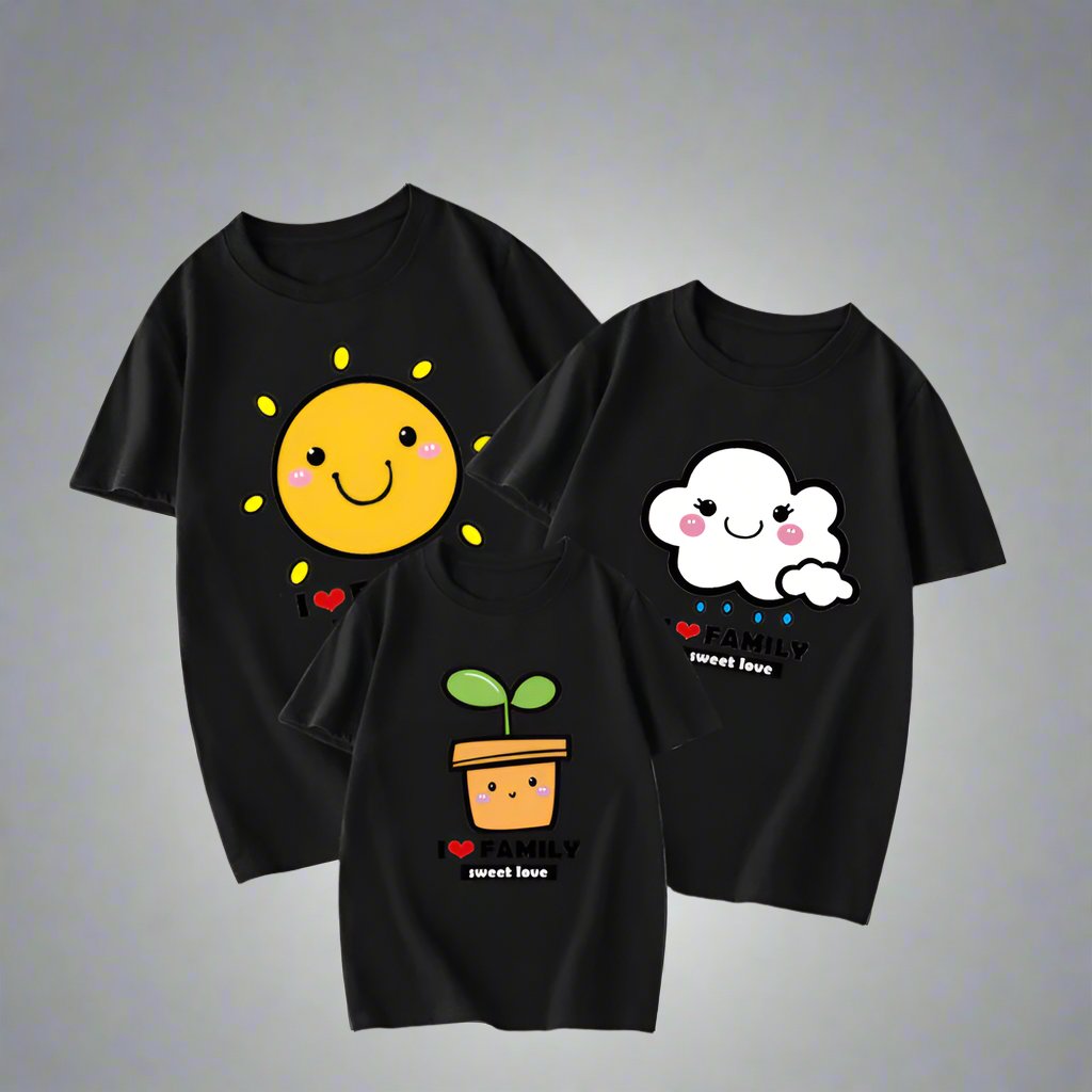 Nature-inspired family matching shirts with smiling sun, happy cloud, and cheerful plant designs
