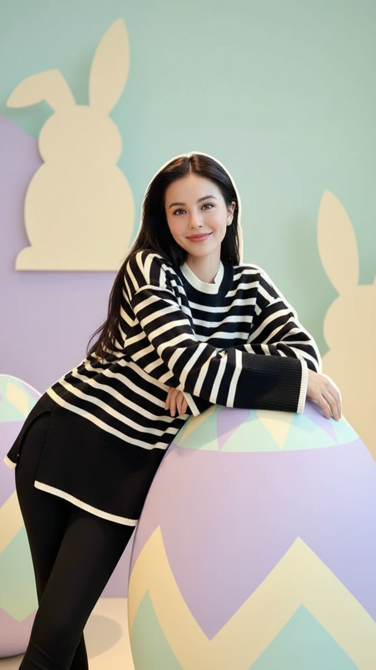 파스텔톤 부활절 배경 앞에서 검정색과 흰색 스트라이프 스웨터와 검정색 레깅스를 입은 여성