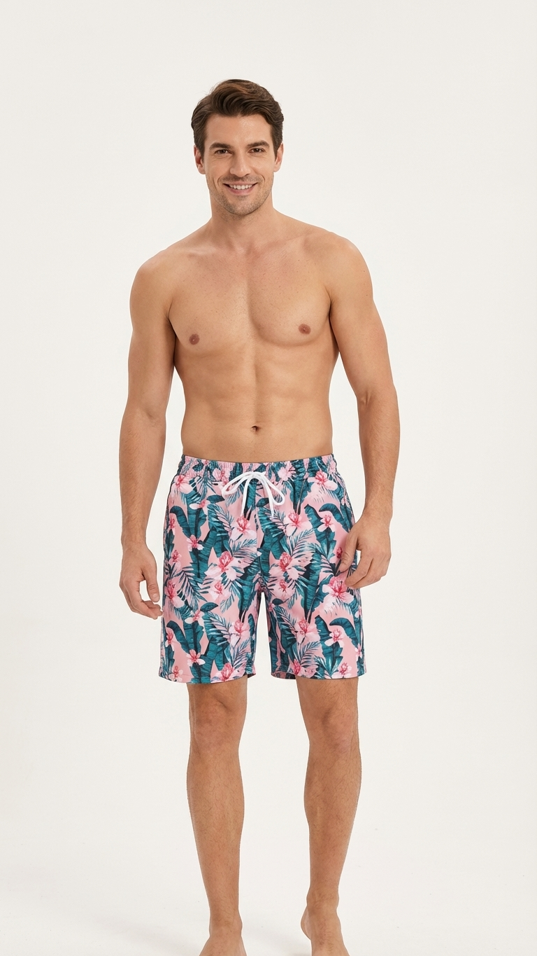 Detail image of daddy and me swim trunks with tropical print