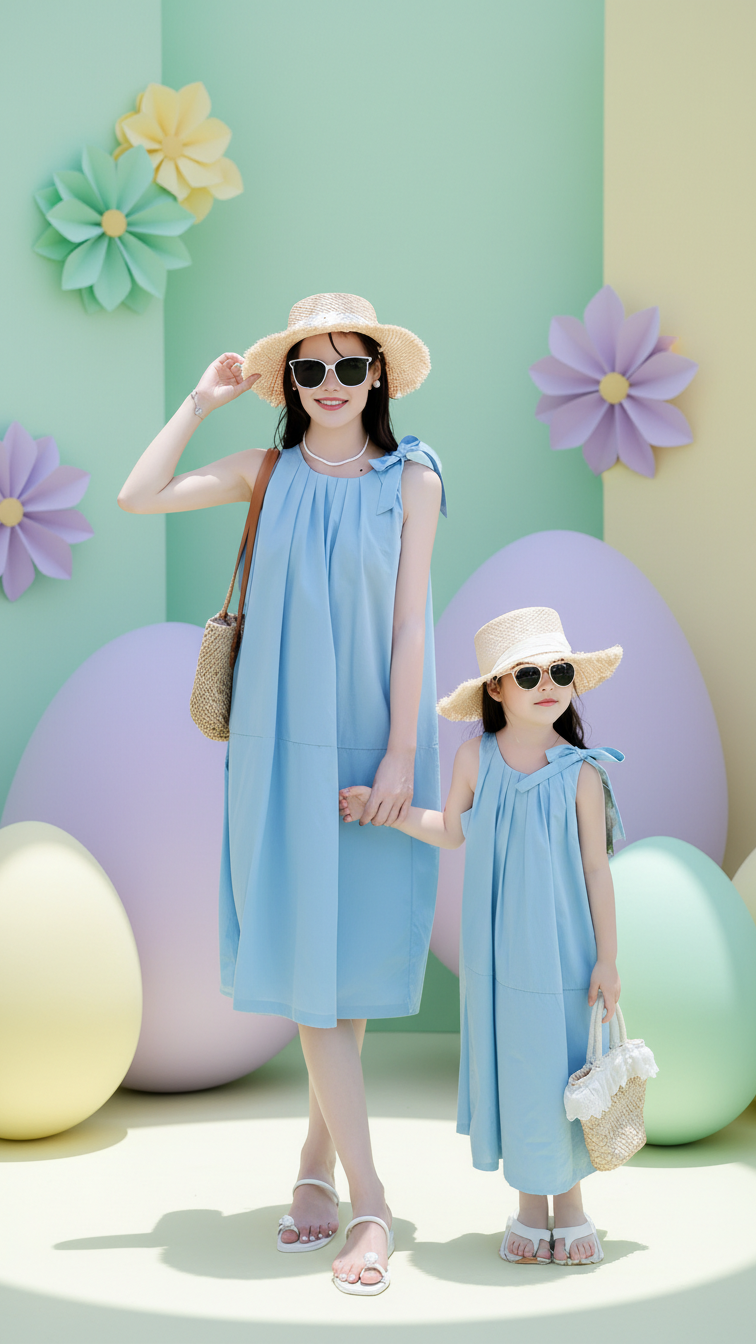 Detail image of mommy and me midi dresses with blue
