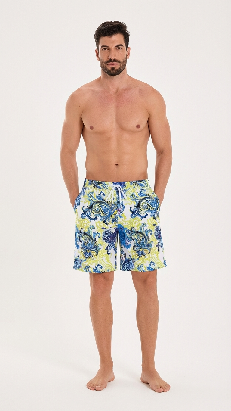 Detail image of daddy and me swim trunks with blue yellow