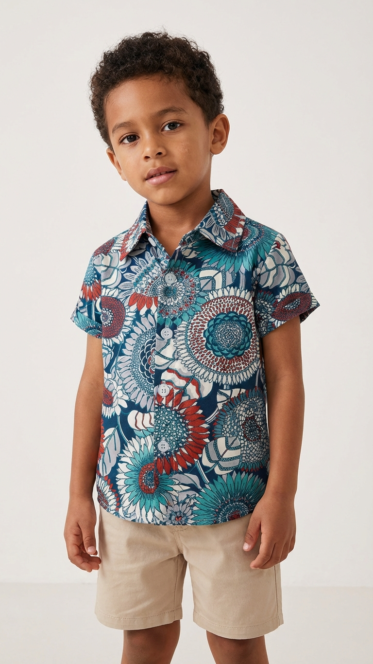 Detail image of family matching t-shirts with navy floral print