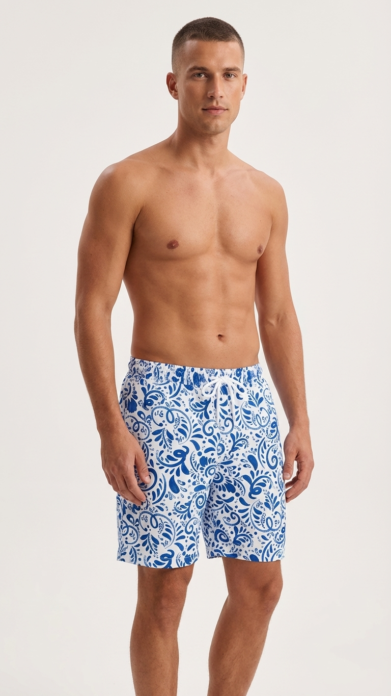 Detail image of daddy and me swim trunks with blue white