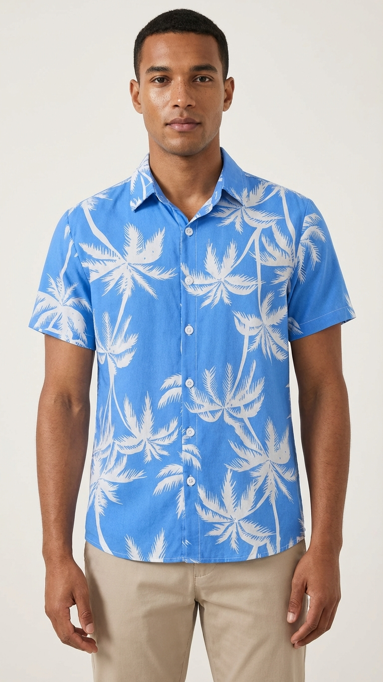 Detail image of family matching t-shirts with blue tropical print