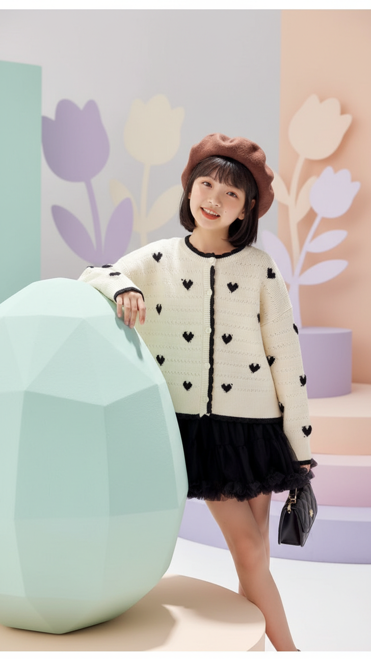 Detail image of mommy and me cardigans with cream black heart print