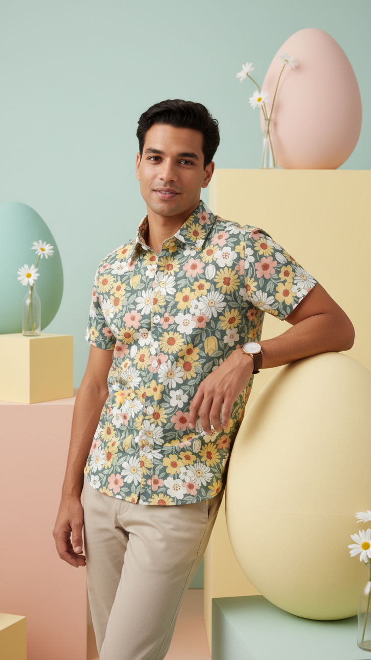 Detail image of family matching button-down shirts with green floral print