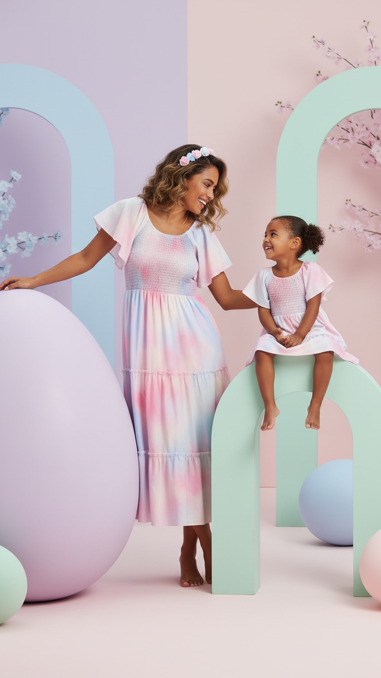 Detail image of mommy and me maxi dresses with tie-dye print