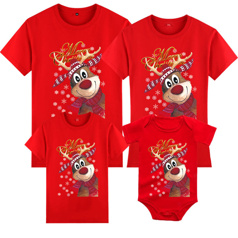 Red family Christmas t-shirts featuring a festive reindeer illustration and holiday greetings