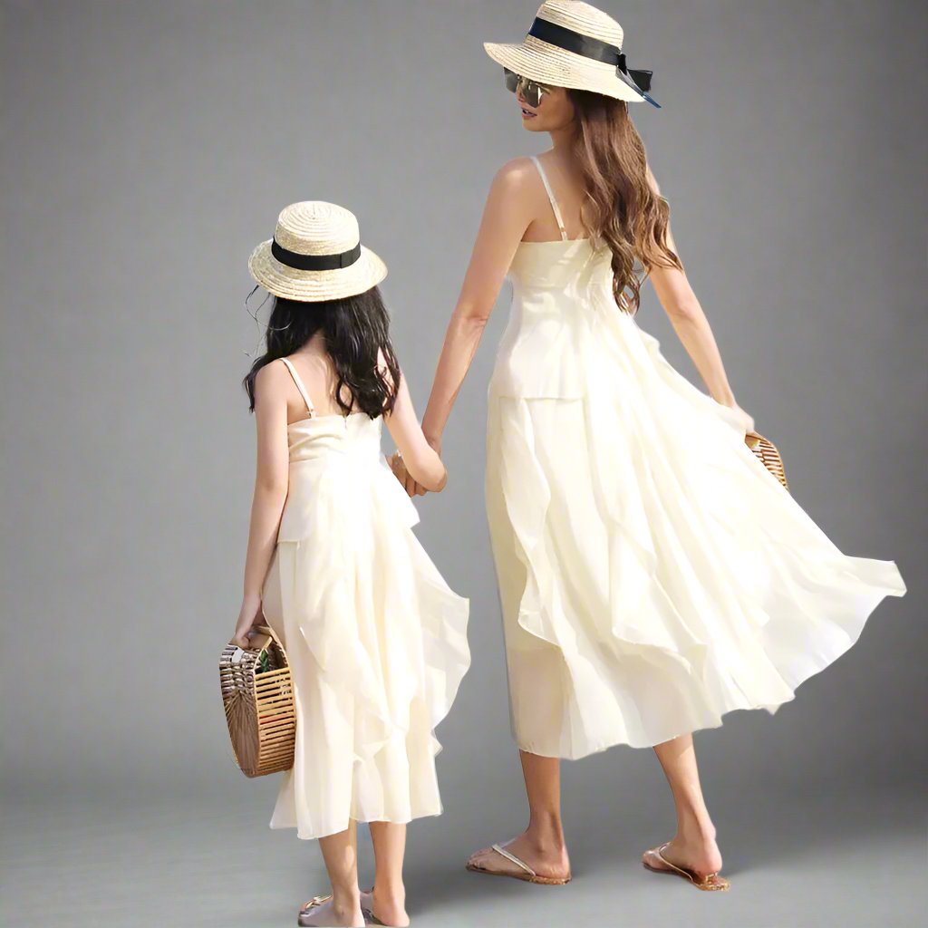 Dia de praia com vestidos brancos combinando para mamãe e eu