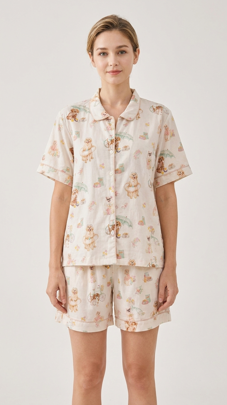 Summer Puppies Mommy and Me Pajamas — Short-Sleeve Set in Beige photo 4