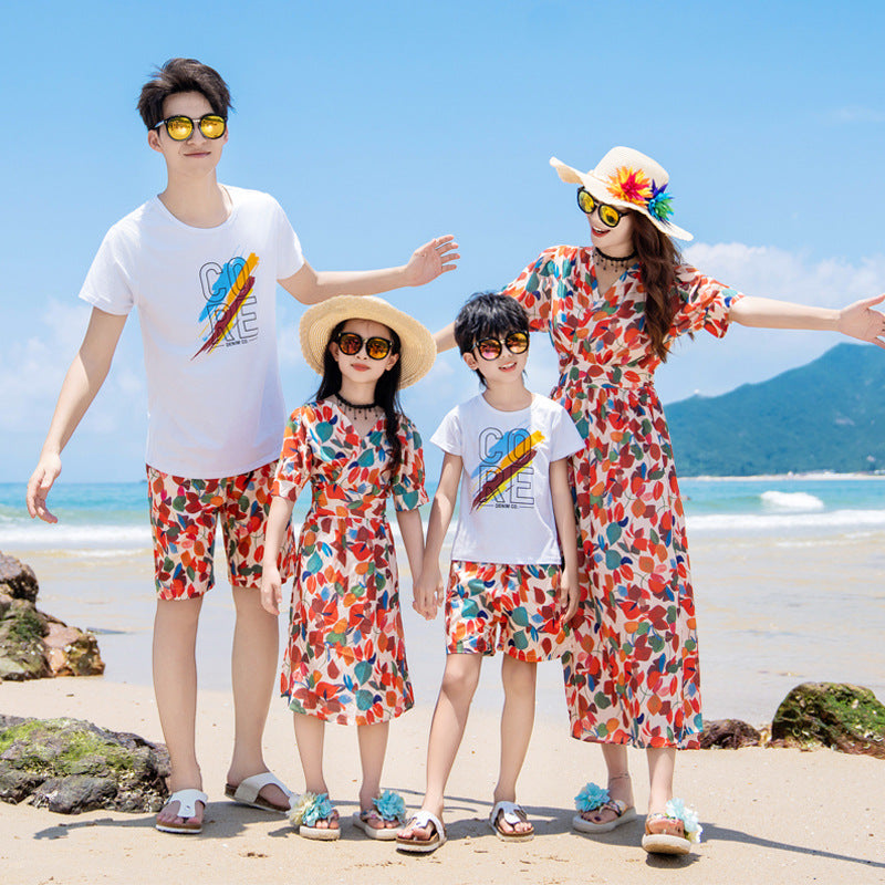 dresslikemommy Tropical Matching Family Beach Outfits Colorful Leaf Print Summer Dresses Shorts Set Girl 3 4 Years Red