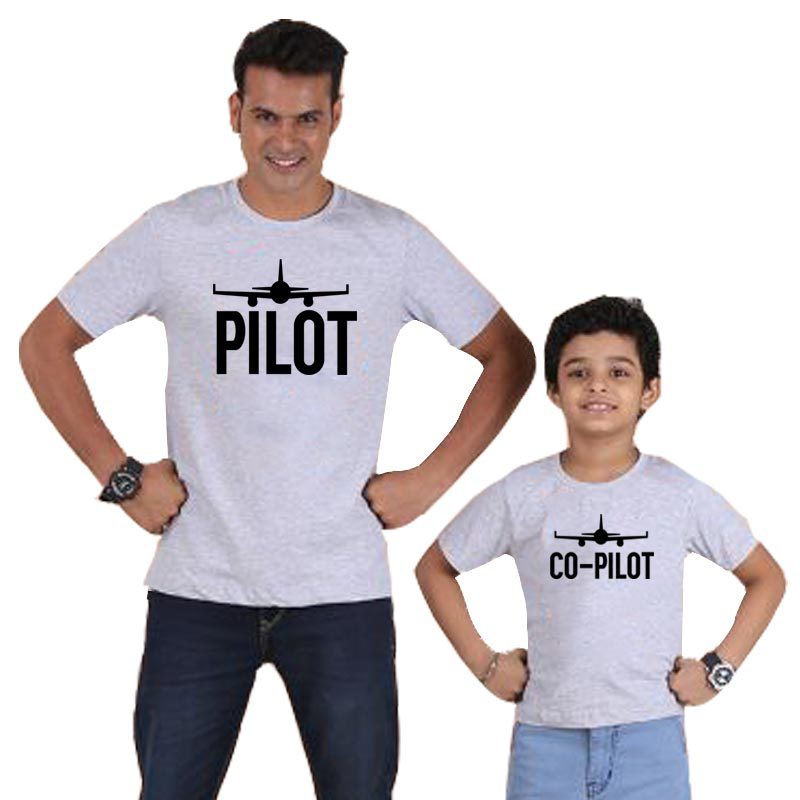 Dad wearing 'Pilot' T-shirt and son in 'Co-Pilot' shirt, both with aviator sunglasses
