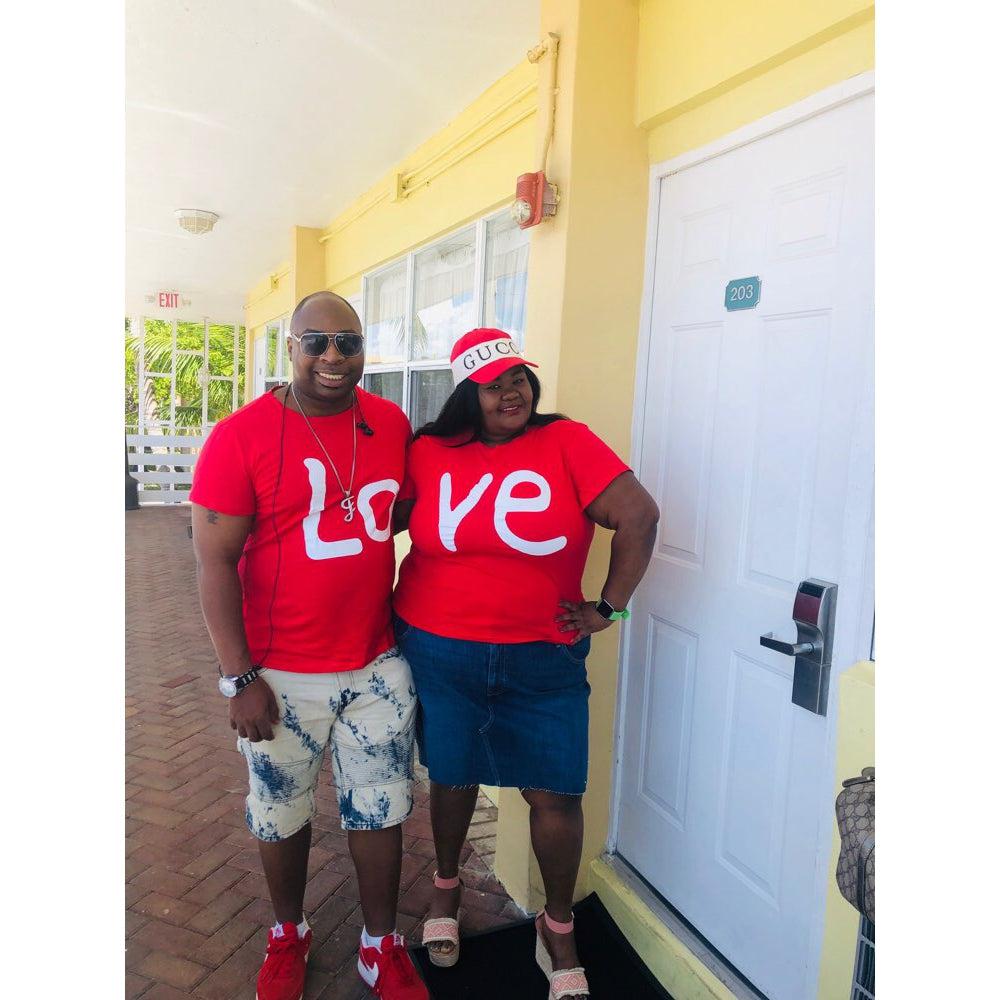 Detail image of matching couple t-shirts with love graphic