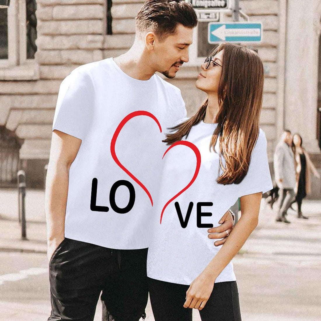 Product image of matching couple t-shirts with heart print