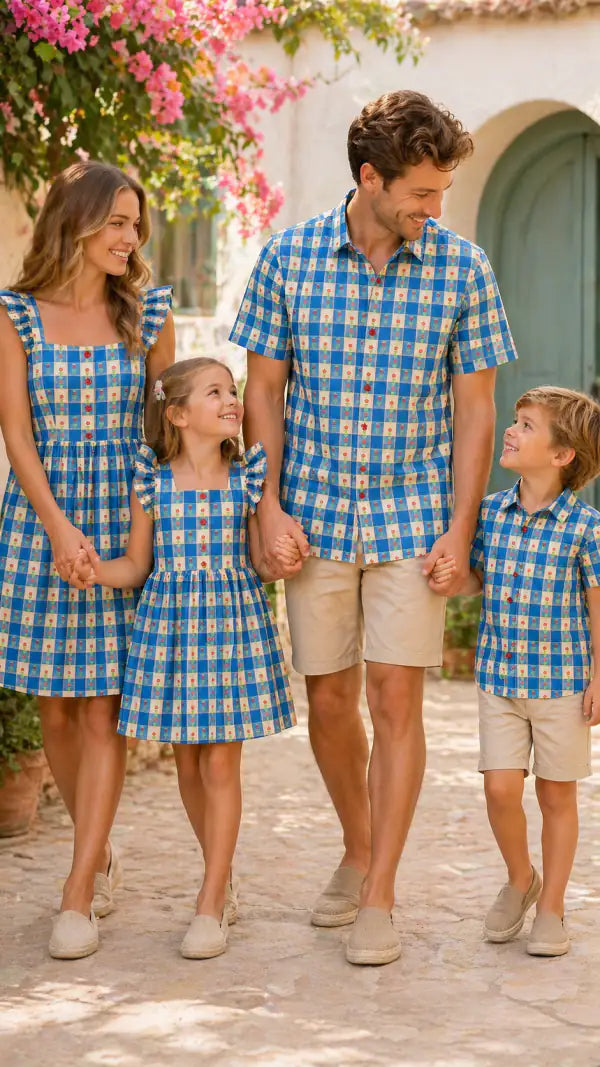 Family of four in matching blue gingham floral outfits in front of a stone courtyard with pink flowers