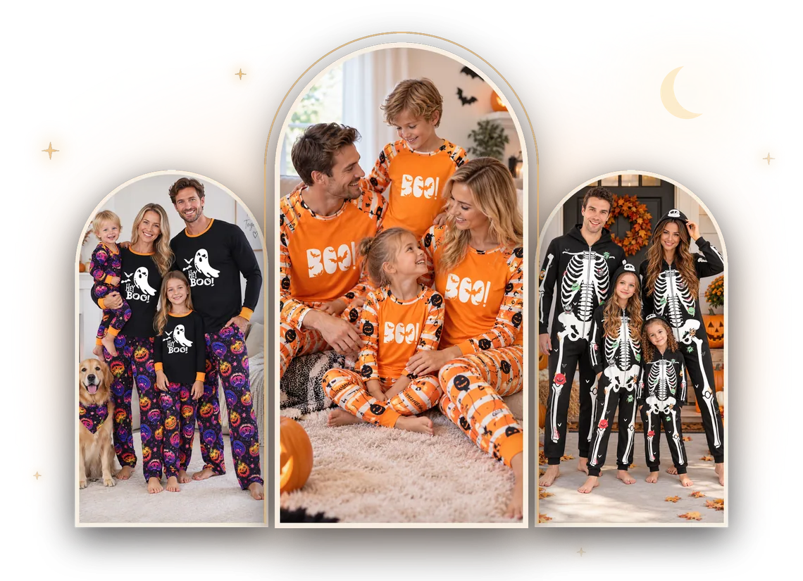 Three families in matching Halloween pajamas, from Hey Boo ghost sets to orange Boo stripes and skeleton onesies, framed in arched windows under a crescent moon