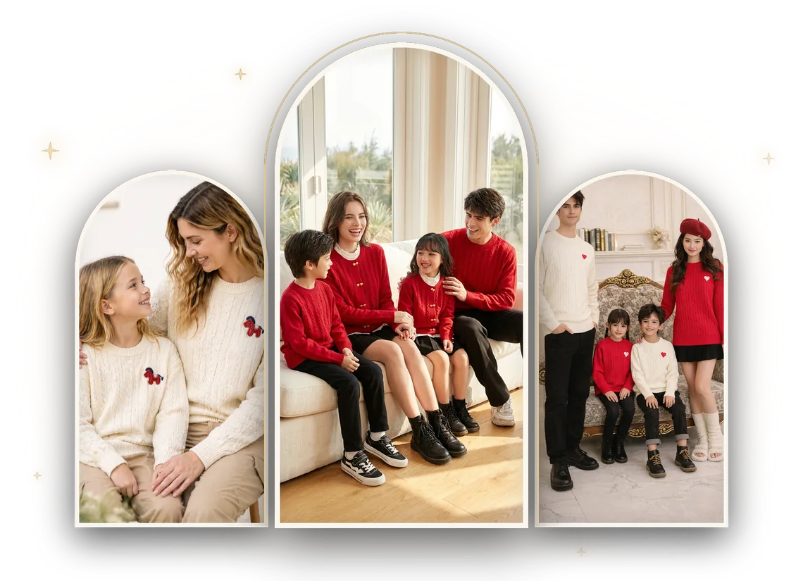 Families in matching cream cable-knit and red heart sweaters framed in arched windows on a snowy evergreen night