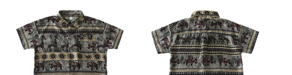 Boy safari animal-print short-sleeve shirt shown front and back in earthy olive tones.