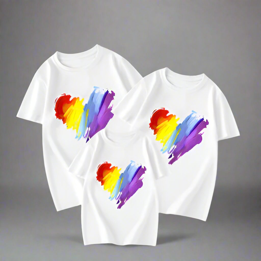 Heart brush stroke print family matching t-shirts in vibrant colors, ideal for family outfits