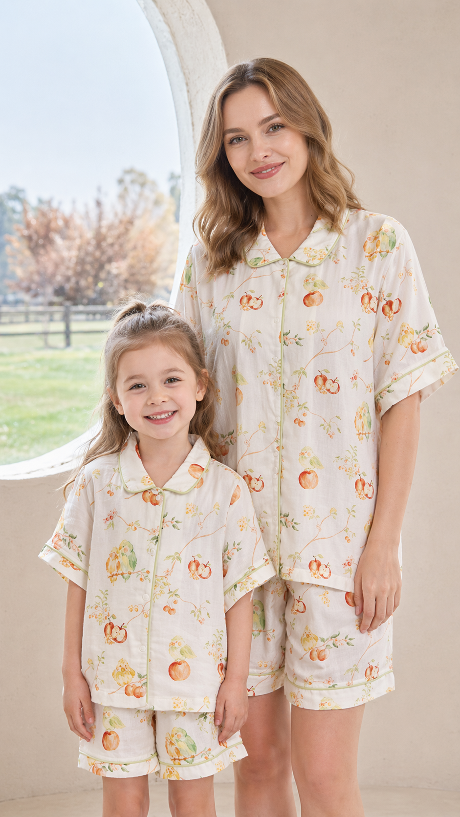 Bird Chirping Fruit Orchard Mommy and Me Pajamas — Short-Sleeve Set