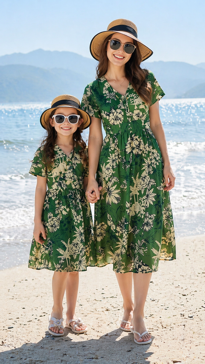 Bijpassende set voor de familie Green Palm Safari - Jurk en korte broek