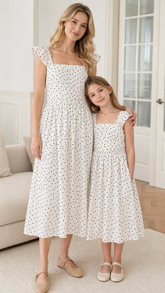 فساتين الأم وأنا منقط باللون العاجي - فستان صيفي بأكمام منتفخة