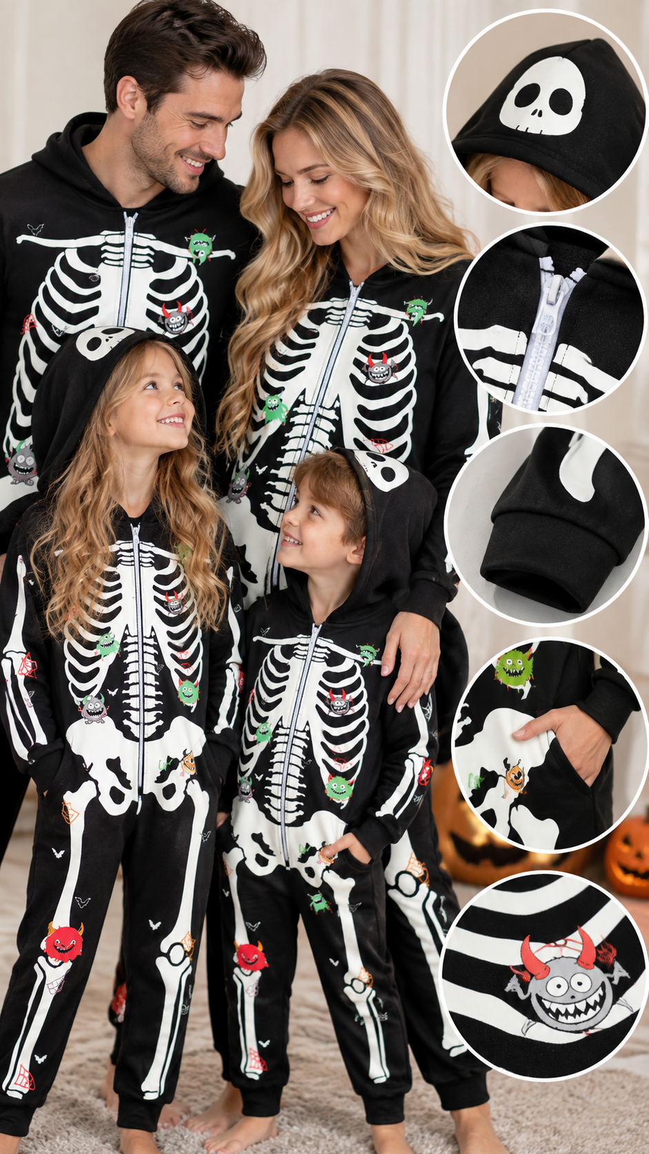 Pyjamas Assortis en Famille Squelette Effrayant — Combinaisons à Capuche