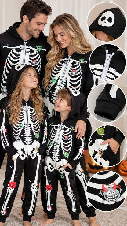 Pyjamas Assortis en Famille Squelette Effrayant — Combinaisons à Capuche