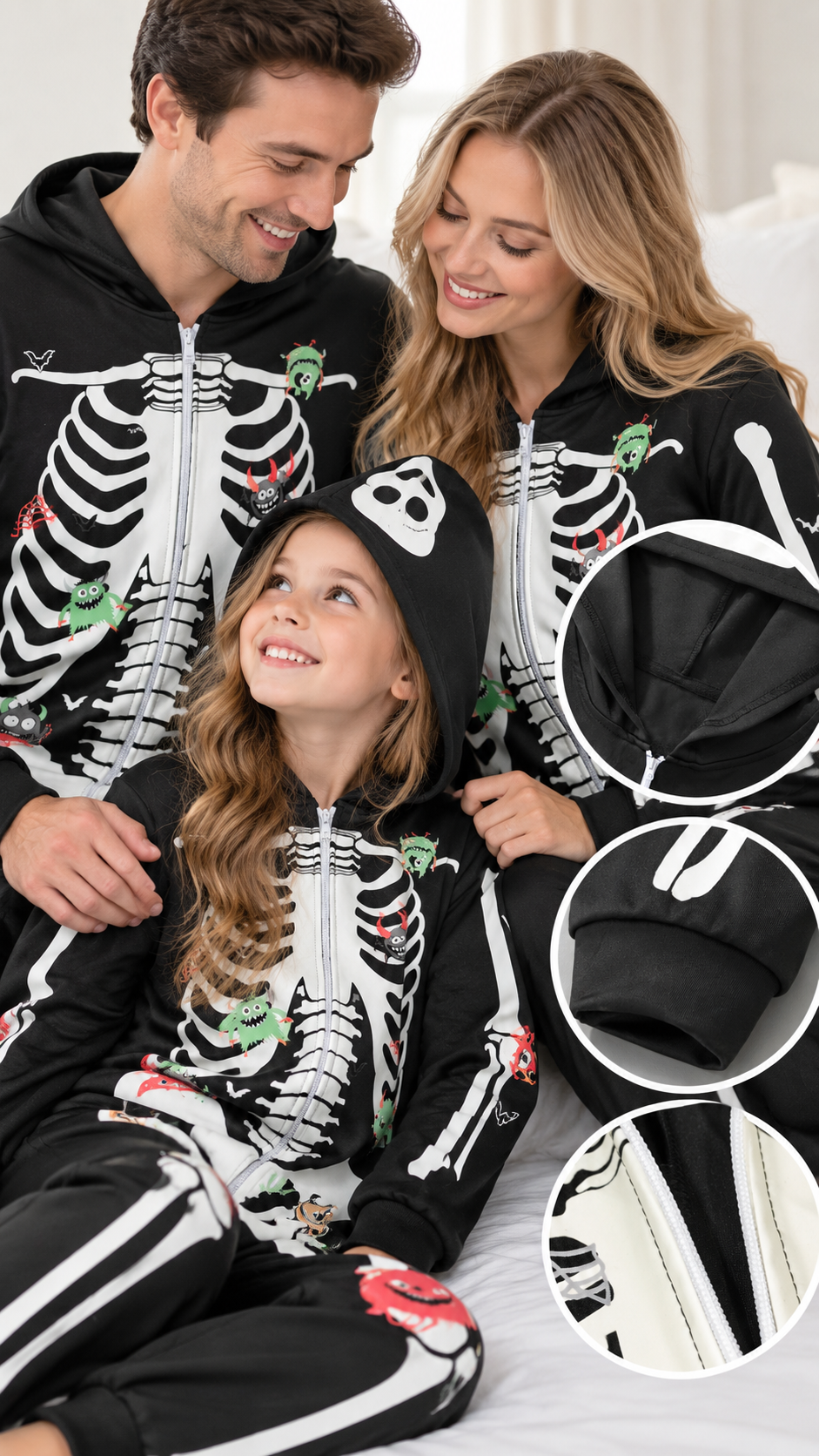 Pyjamas Assortis en Famille Squelette Effrayant — Combinaisons à Capuche