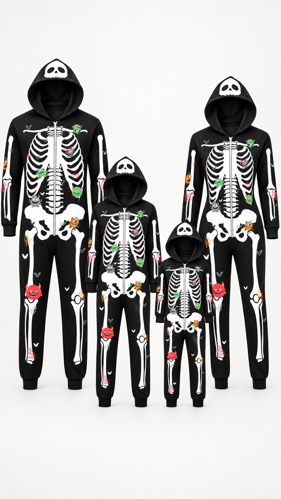 Pyjamas Assortis en Famille Squelette Effrayant — Combinaisons à Capuche