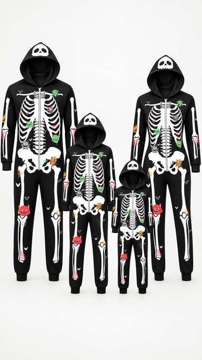 Pyjamas Assortis en Famille Squelette Effrayant — Combinaisons à Capuche