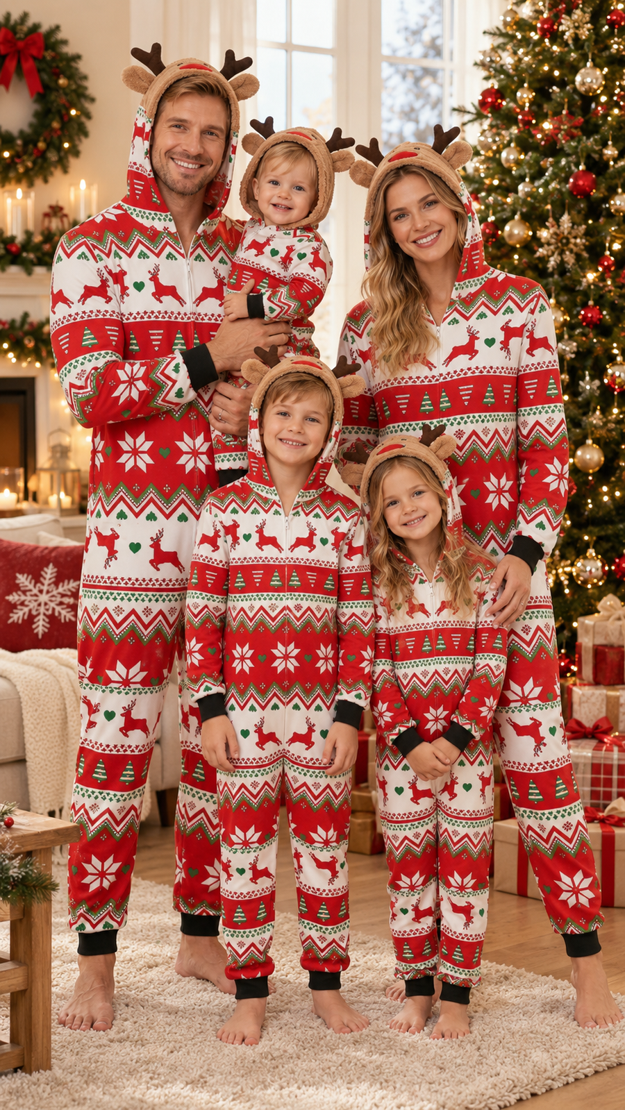 Snowflake Reindeer Family Matching Pajamas — Hooded Onesies
