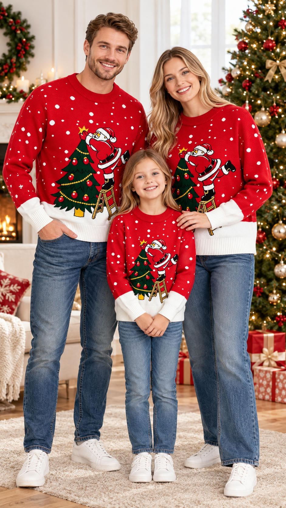 Santa Tree Topper Family Matching Sweaters — Knit Crewneck Tops