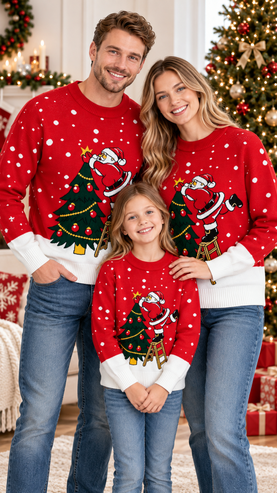 Santa Tree Topper Family Matching Sweaters — Knit Crewneck Tops