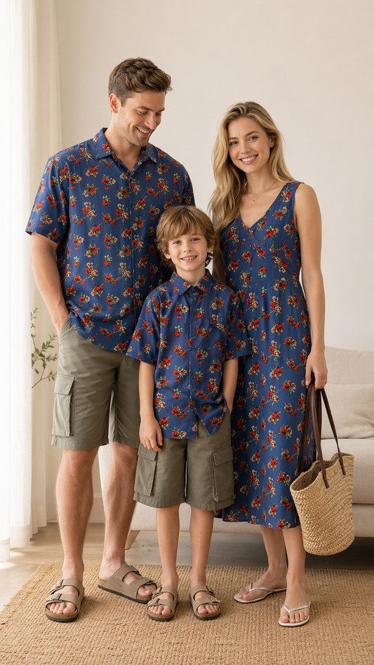 مجموعة مطابقة للعائلة باللون الأحمر الداكن - فستان وقميص