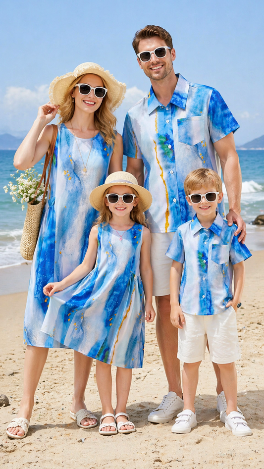 مجموعة مطابقة للعائلة من رخام المحيط - طقم فستان وقميص