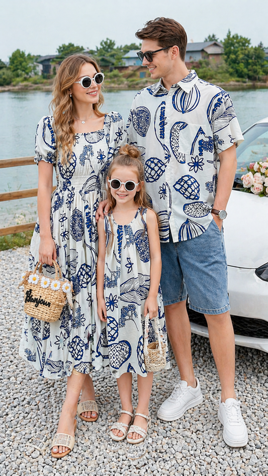 مجموعة مطابقة للعائلة باللون الأزرق البحري - فستان وقميص