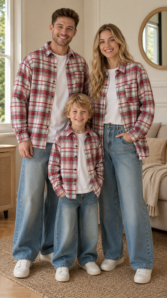 قميص منقوش عائلي باللون الأحمر بلوزات - قميص بأزرار