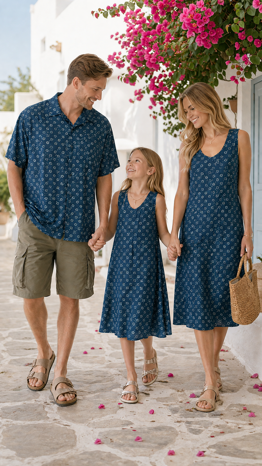 Geometric Blue Family Matching Set - šaty, košile a šortky