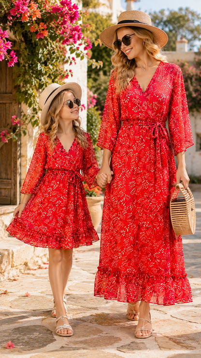 Abiti con foglie tropicali rosse Mamma e Me