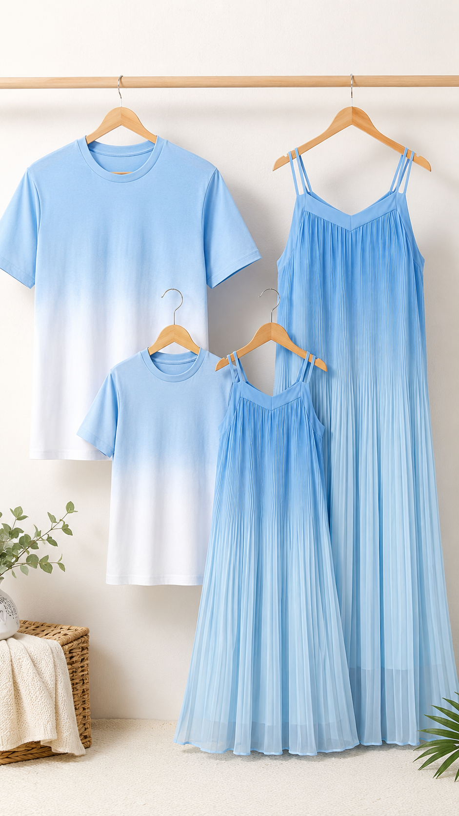 Sky Blue Family Matching Set - Pleated Dress & Shirts