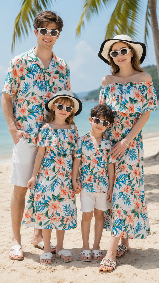 Tropical Floral Family Matching Shirt and Dress Outfit Set