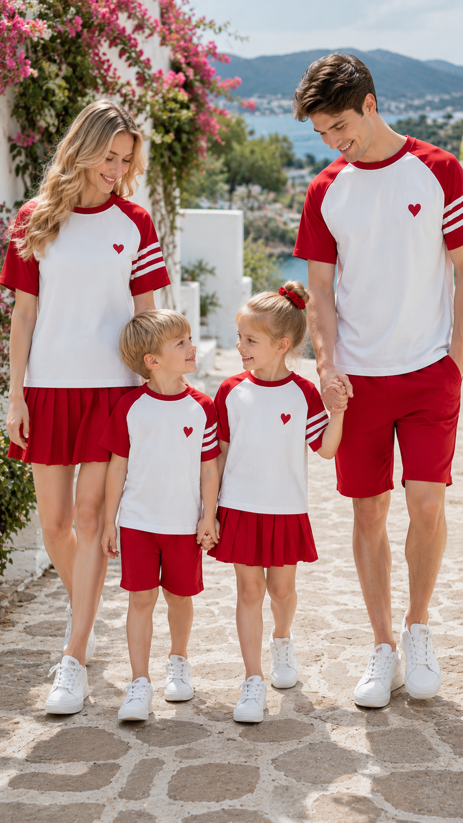 Red Heart family matching tops styled for photos