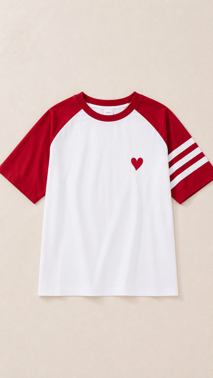Red-and-white heart family tops for mom dad and kids