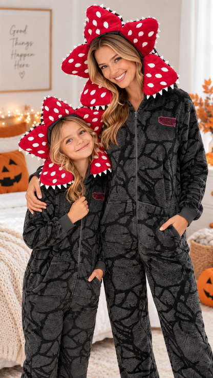 Pyjamas assortis en famille Fleur Monstre — Combinaisons en flanelle à capuche