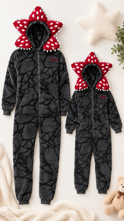 Pyjamas assortis en famille Fleur Monstre — Combinaisons en flanelle à capuche